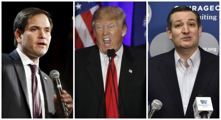 A combination photo shows U.S. Republican presidential candidates Marco Rubio (L) in North Las Vegas, Nevada on February 21, 2016, Donald Trump in Spartanburg, South Carolina, on February 20, 2016 and Ted Cruz (R) in Las Vegas, Nevada, on February 22, 2016. In South Carolina last weekend, exit polls showed Trump comfortably beat both his closest rivals Ted Cruz and Marco Rubio among evangelical voters, despite their more consistent appeals to Christian values.