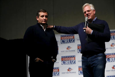 Republican presidential candidate Sen. Ted Cruz (R-TX ) is joined on stage by conservative commentator Glenn Beck at Five Sullivan Brothers Convention Center in Waterloo, Iowa, January 23, 2016.