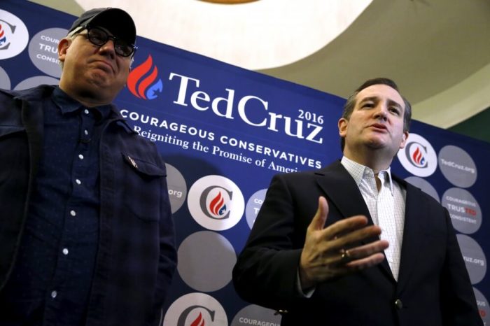 Republican U.S. presidential candidate Senator Ted Cruz (R-TX) (R) talks to reporters with radio host Glenn Beck before an event at Morningstar Fellowship Church in Fort Mill, South Carolina February 11, 2016.