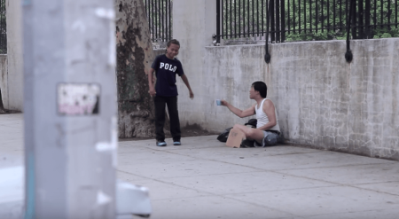 Kid offers dollar bill to homeless man instead of getting ice cream.