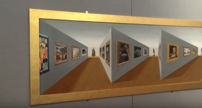 A 3D art piece called 'Superduperperspective', by Patrick Hughes and featured at the Birmingham Art Gallery.