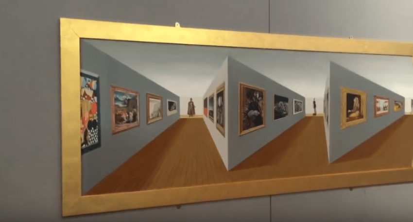 A 3D art piece called "Superduperperspective", by Patrick Hughes and featured at the Birmingham Art Gallery.