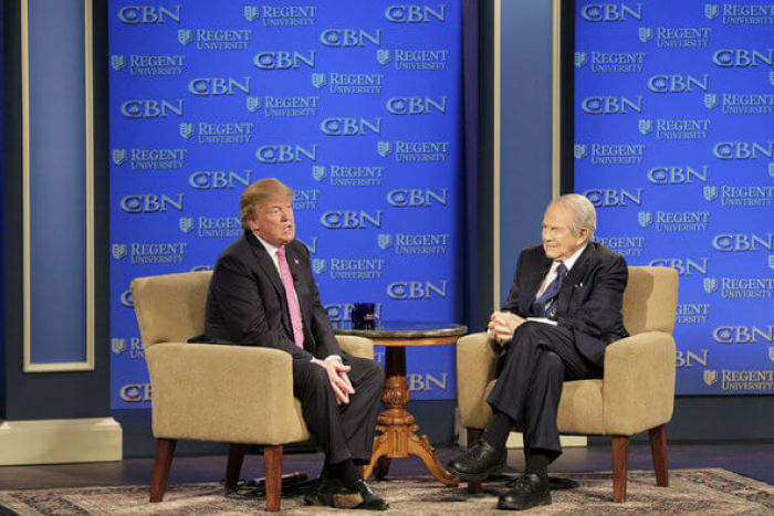 Donald J. Trump with Pat Robertson at Regent University in Virginia Beach, Va. on February 24, 2016.