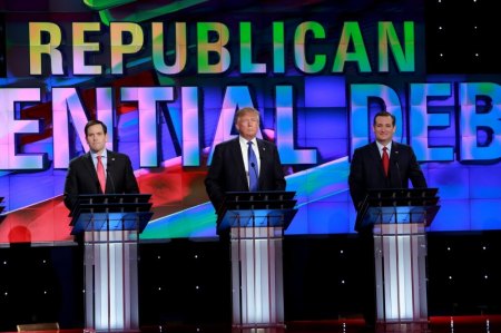 Republican U.S. presidential candidates (L-R) Senator Marco Rubio, businessman Donald Trump and Senator Ted Cruz participate in the debate sponsored by CNN for the 2016 Republican U.S. presidential candidates in Houston, Texas February 25, 2016.