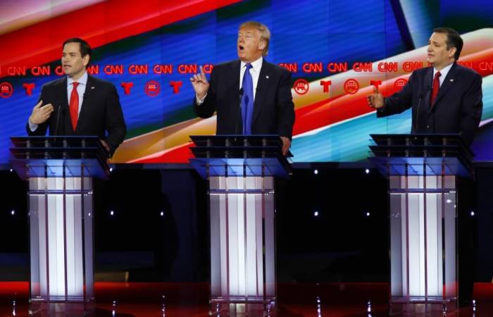 Marco Rubio, Donald Trump and Ted Cruz speak at the debate.