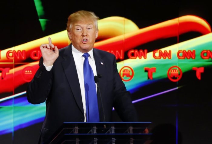 Republican U.S. presidential candidate Donald Trump speaks at the debate sponsored by CNN for the 2016 Republican U.S. presidential candidates in Houston, Texas, February 25, 2016.