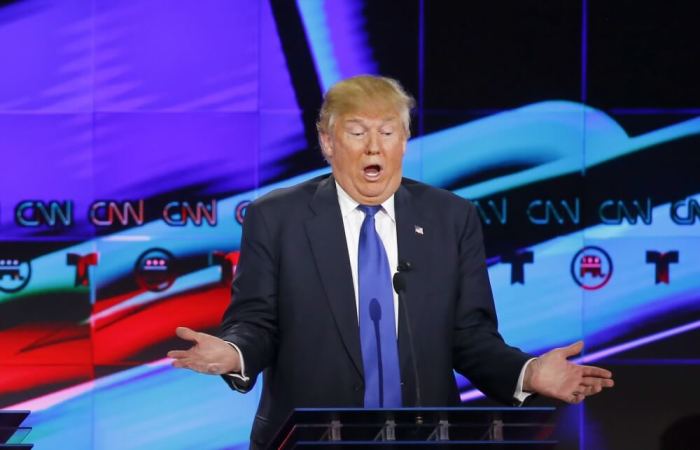 Republican U.S. presidential candidate Donald Trump speaks at the debate sponsored by CNN for the 2016 Republican U.S. presidential candidates in Houston, Texas, February 25, 2016.