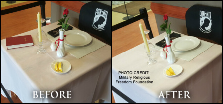 A Missing Man Table at Akron, Ohio, before and after a complaint led to the removal of a Bible.