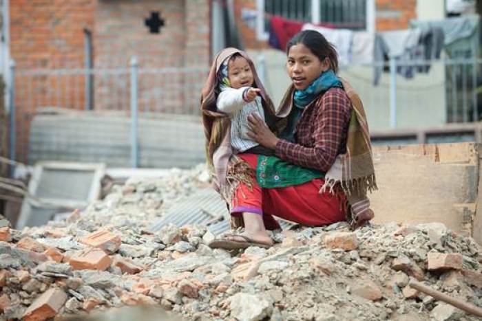 Woman and child in Nepal after April 25, 2015 earthquake.