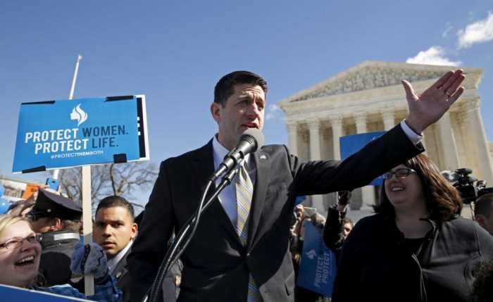 Speaker of the House Paul Ryan speaks to pro-life demonstrators outside the U.S. Supreme Court.