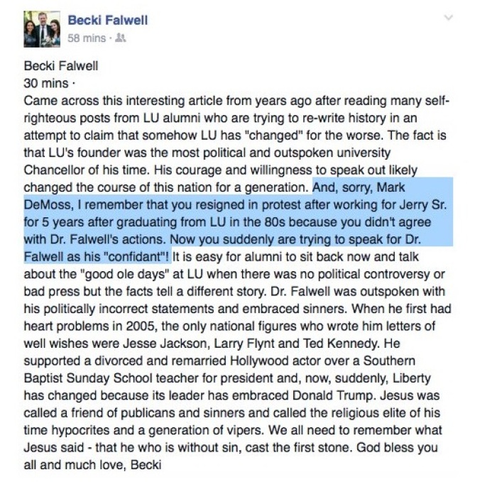 Becki Falwell Facebook post from March 2, 2016