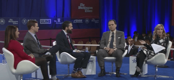 Panel held on gay marriage and religious liberty at the annual CPAC event on Thursday, March 3, 2016. From Left to Right: Mollie Hemingway of the Federalist, Guy Benson of Townhall.com, Ryan T. Anderson of the Heritage Foundation, Ilya Shapiro of the CATO Institute, and Alex Swoyer of Breitbart News.