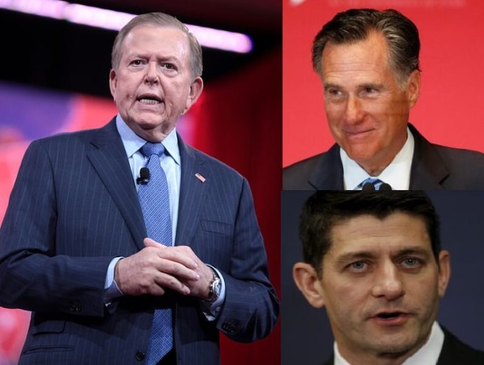 Fox Business anchor Lou Dobbs (L), 2012 Republican presidential nominee Mitt Romney (top R) and 2012 Republican vice presidential pick and House Speaker, Paul Ryan (bottom R).