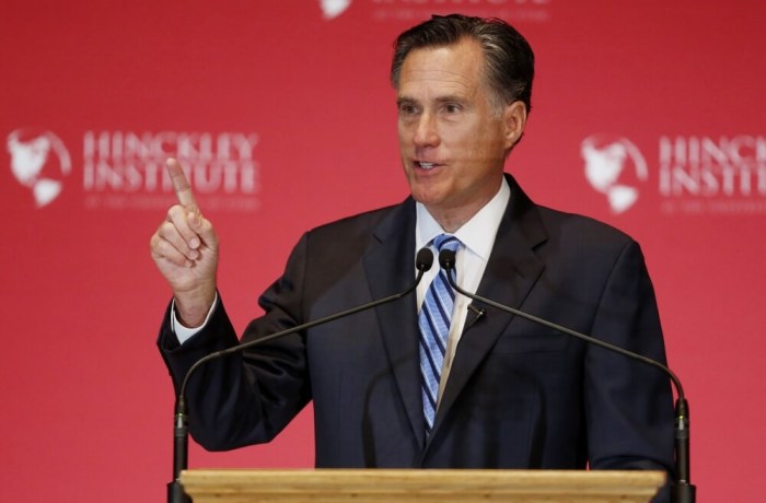 Former Republican U.S. presidential nominee Mitt Romney speaks critically about current Republican presidential candidate Donald Trump and the state of the 2016 Republican presidential campaign during a speech at the Hinckley Institute of Politics at the University of Utah in Salt Lake City, Utah March 3, 2016.