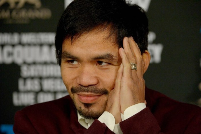 Manny Pacquiao during a press conference at the Beverly Hills Hotel on Beverly Hills, California, on January 19, 2016, to announce the upcoming boxing fight against Timothy Bradley Jr. on April 9 in Las Vegas, Nevada.