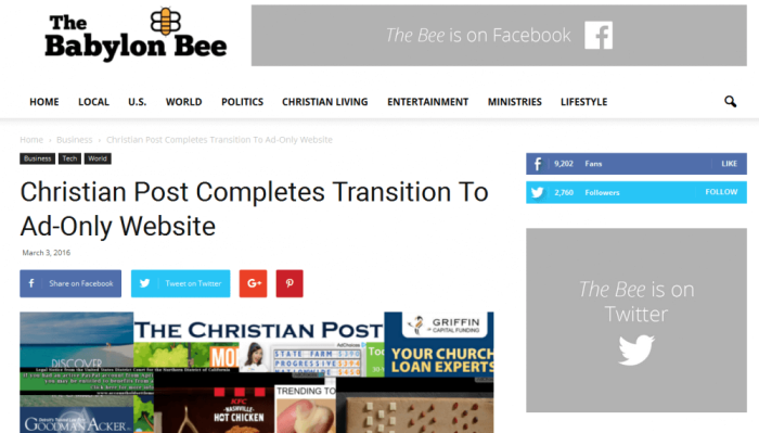 The Babylon Bee satire article about The Christian Post, March 3, 2016.