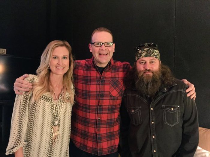 Duck Dynasty reality TV stars Willie and Korie Robertson pose with NewSpring Church Senior Pastor Perry Noble during a visit to the church for Q&A session, Anderson, South Carolina, March 6, 2016.