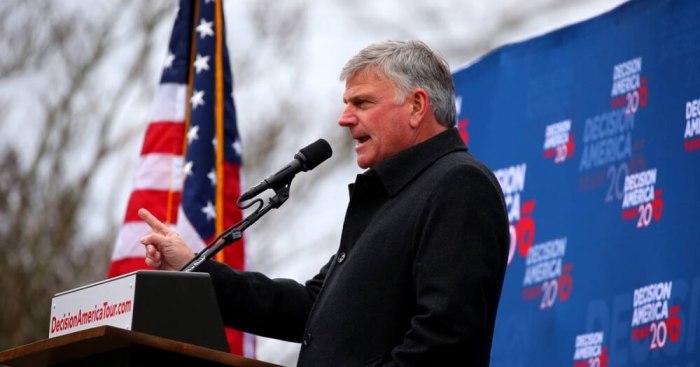 Leading evangelist Franklin Graham speaks at a Decision American prayer rally held in Columbia, South Carolina on Feb. 9, 2016.