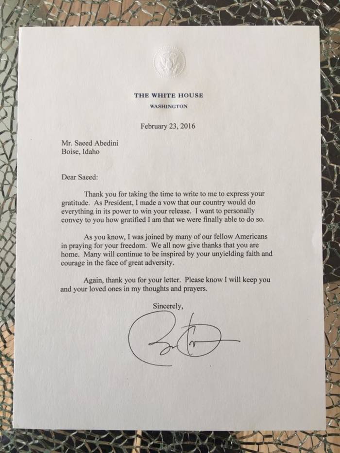 Letter by President Barack Obama to Pastor Saeed Abedini, dated February 23, 2016.