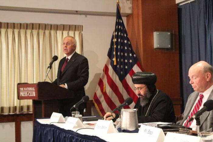 Knights of Columbus CEO Carl Anderson speaks at a press conference in Washington, D.C. to introduce the release of a 280-page report on the persecution of Christians at the hands of the Islamic State on March 10, 2016.