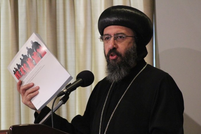 Coptic Bishop Anba Angaelos speaks at a press conference hosted by the Knights of Columbus and In Defense of Christians in Washington, D.C. to call on the United States government to label the Islamic State's persecution of Christians and others as a 'genocide' on March 10, 2016.