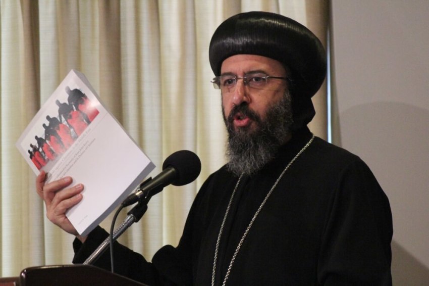 Coptic Bishop Anba Angaelos speaks at a press conference hosted by the Knights of Columbus and In Defense of Christians in Washington, D.C. to call on the United States government to label the Islamic State's persecution of Christians and others as a 