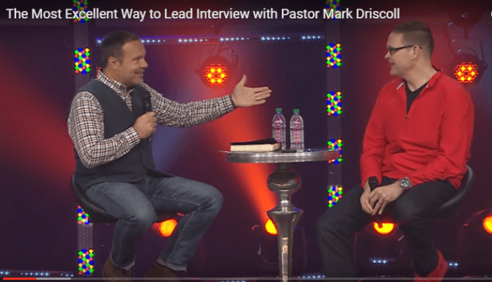 Pastor Mark Driscoll talks with NewSpring Church pastor Perry Noble during Noble's The Most Excellent Way to Lead Conference on March 3, 2016, Anderson, South Carolina.