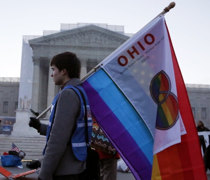 A protester from Ohio carries a flag outside of the U.S. Supreme Court in Washington, March 26, 2013.