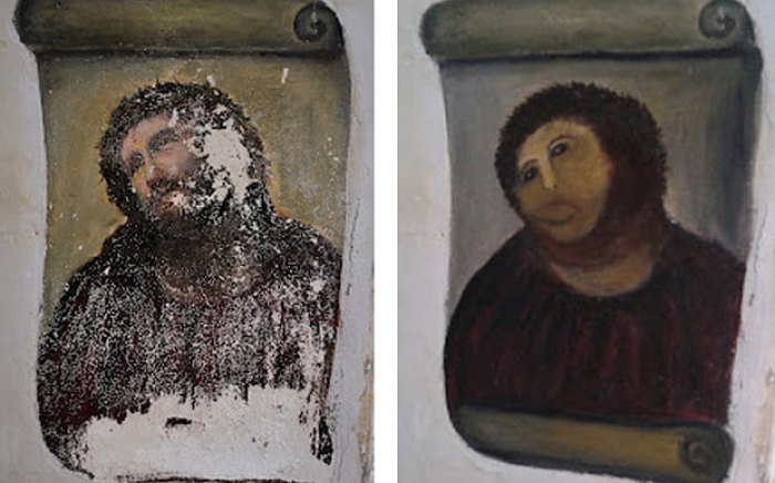 The Ecce Homo style fresco of Christ before restoration and after restoration by an amateur artist Cecilia GimÈnez in Borja in 2013.