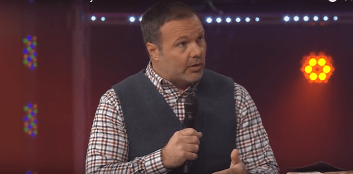 Pastor Mark Driscoll responds to questions posed by NewSpring Church pastor Perry Noble during Noble's The Most Excellent Way to Lead Conference on March 3, 2016, Anderson, South Carolina.