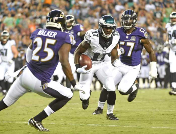 Philadelphia Eagles wide receiver Nelson Agholor (17) makes a move against Baltimore Ravens cornerback Tray Walker (25) during the first half at Lincoln Financial Field.