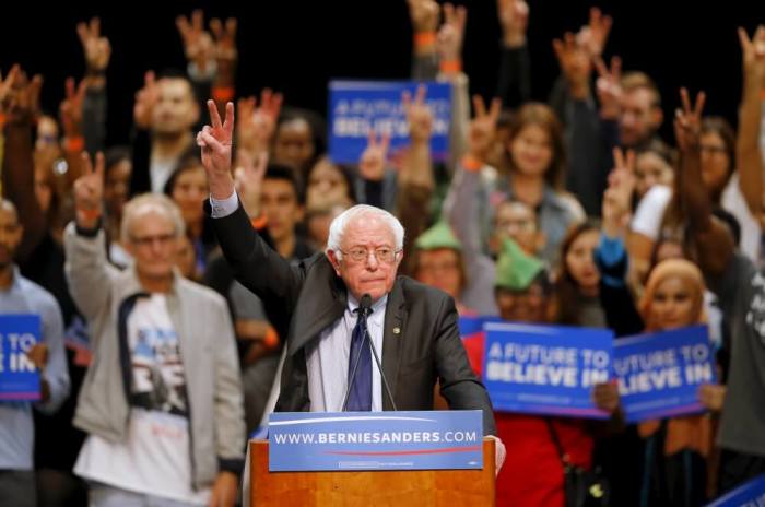 Democratic U.S. presidential candidate Bernie Sanders gestures as he speaks about the terror attack in Brussels during a campaign rally in San Diego, California, March 22, 2016.