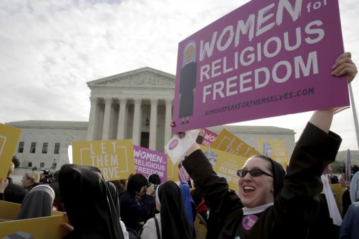 Nuns rally before Zubik v. Burwell, an appeal brought by Christian groups demanding full exemption from the requirement to provide insurance covering contraception under the Affordable Care Act, is heard by the U.S. Supreme Court in Washington, March 23, 2016.