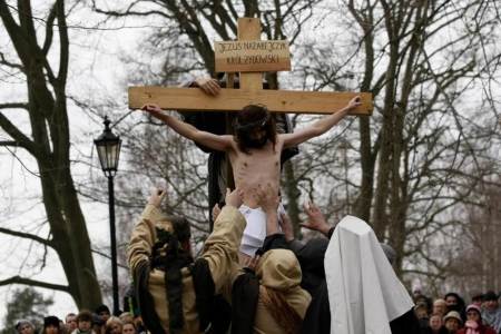 Polish catholic devotees re-enact the "Way of the Cross" on Good Friday as part of Holy Week celebrations.