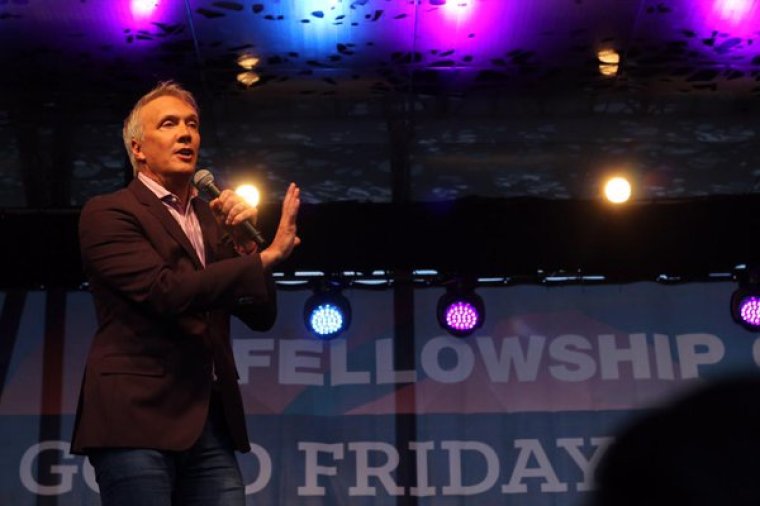 Pastor Ed Young Jr. of Fellowship Church hosts Good Friday services at Klyde Warren Park in Dallas, Texas, March 25, 2016.