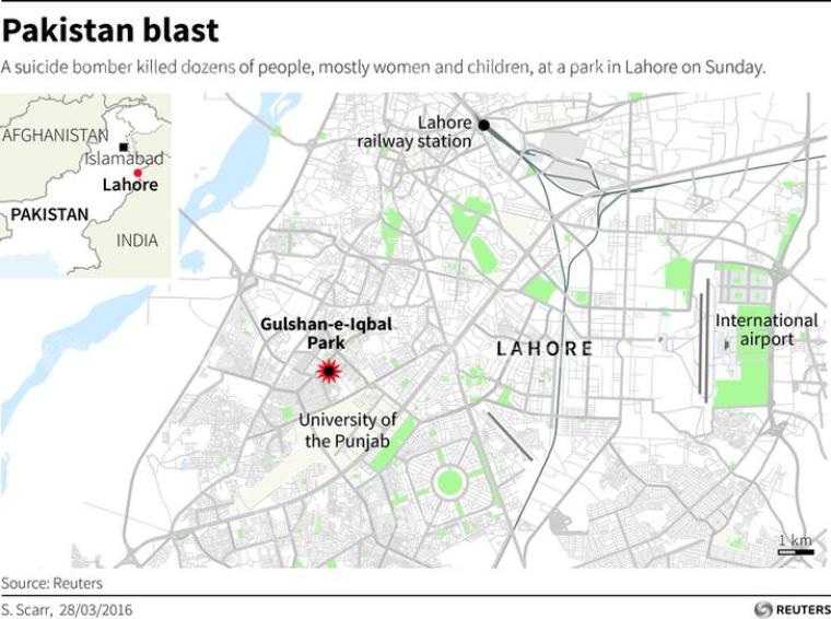 Maps of Pakistan and Lahore locating a suicide bomb attack that killed dozens of people in a park on Sunday.