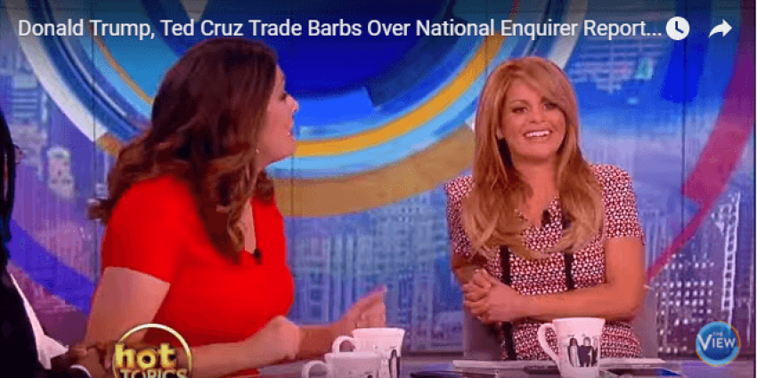 "The View" co-hosts Candace Cameron-Bure (center) debates with co-host Michelle Collins about a tabloid allegation against Republican presidential candidate Senator Ted Cruz of Texas, New York, New York, March 28, 2016.