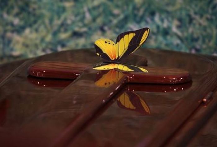 A paper butterfly is displayed on a coffin during Asia Funeral Expo (AFE) in Hong Kong May 19, 2011.