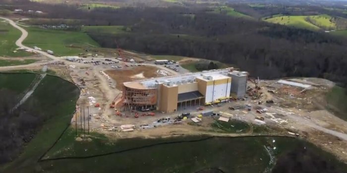 Short video clip of a helicopter view of the parking lot and the Ark Encounter taken on April 1, 2016, in Williamstown, Kentucky.