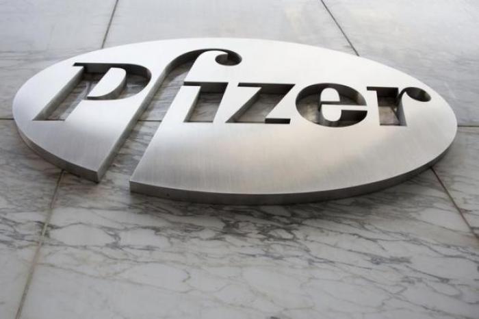 The Pfizer logo is seen here in the company's New York headquarters.