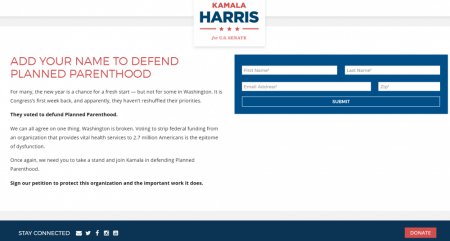 Screenshot of Kamala Harris Senate campaign website showing fund raising off support for Planned Parenthood.