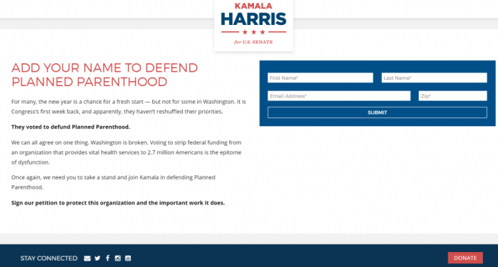 Screenshot of Kamala Harris Senate campaign website showing fund raising off support for Planned Parenthood.