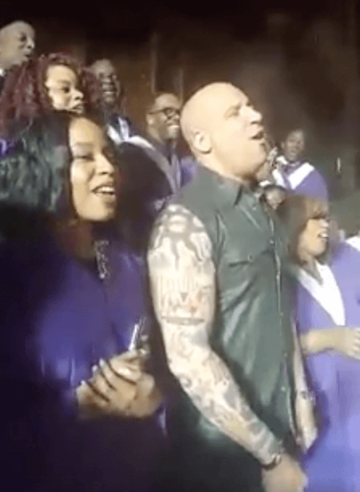 Actor Vin Diesel sings with Sharon Riley and the Faith Chorale gospel choir, Toronto Canada, April 6, 2016.