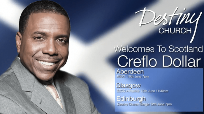 Televangelist Creflo Dollar will speak at Destiny Church in Scotland in June.