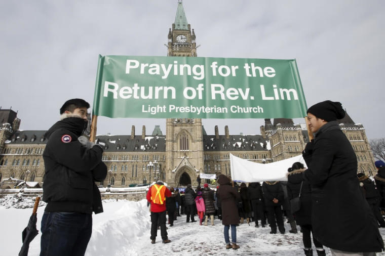 People take part in a demonstration for Canadian Pastor Hyeon Soo Lim, who is being held in North Korea, on Parliament Hill in Ottawa, Canada, February 17, 2016.