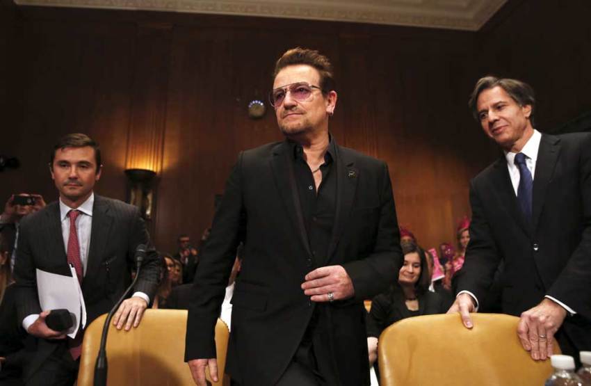 U2 lead singer Bono arrives to testify before a Senate Appropriations State, Foreign Operations and Related Programs Subcommittee hearing on "Causes and consequences of violent extremism and the role of foreign assistance" on Capitol Hill in Washington April 12, 2016.