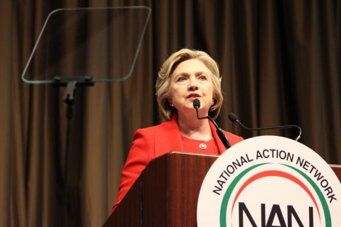 Democratic presidential frontrunner Hillary Clinton addresses Al Sharpton's National Action Network in New York City on Wednesday April 13, 2016.