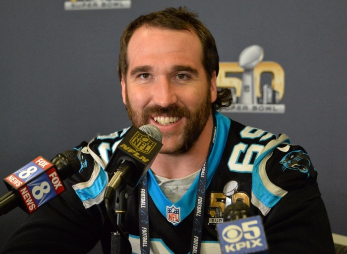 Carolina Panthers defensive end Jared Allen addresses the media at press conference prior to Super Bowl 50 at the San Jose McNery Convention Center, San Jose, California, February 2, 2016.