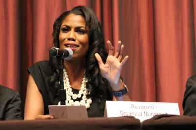 Rev. Omarosa Manigault addresses the National Action Network convention in New York City on Wednesday April 13, 2016.