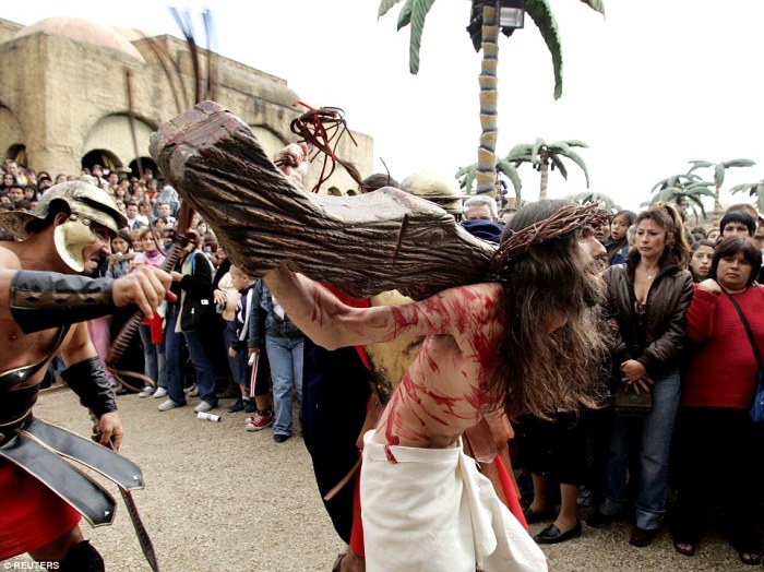 Tierra Santa in Buenos Aires hosts live re-enactments of the crucifixion with staff dressed in traditional outfits in this undated photo.